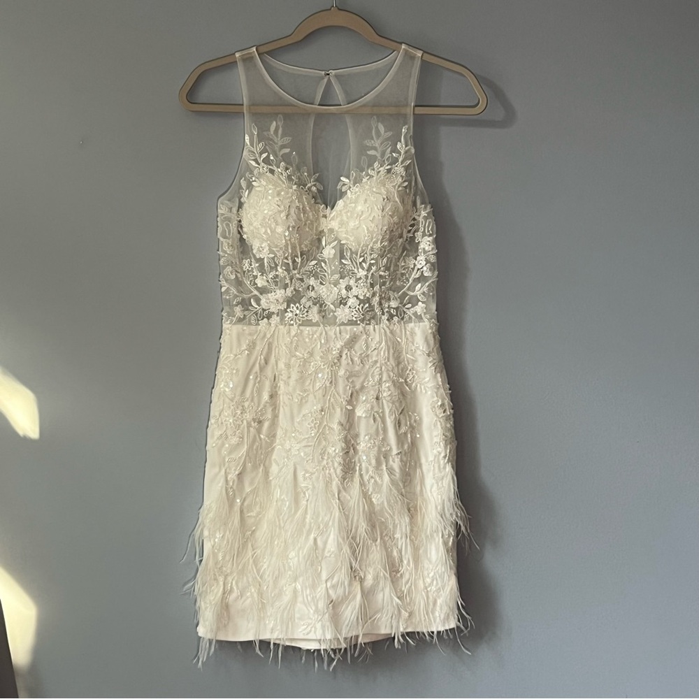NEW Jovani feather illusion dress floral embroidery sequins bridal bachelorette